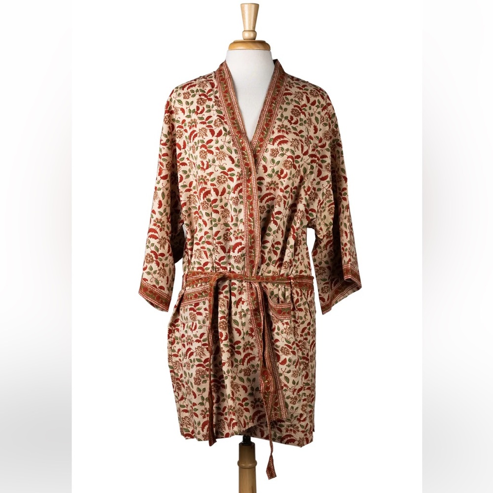 NEW Floral Block-Print New Day Short Robe, 100% Cotton (OS) - Picture 2 of 11